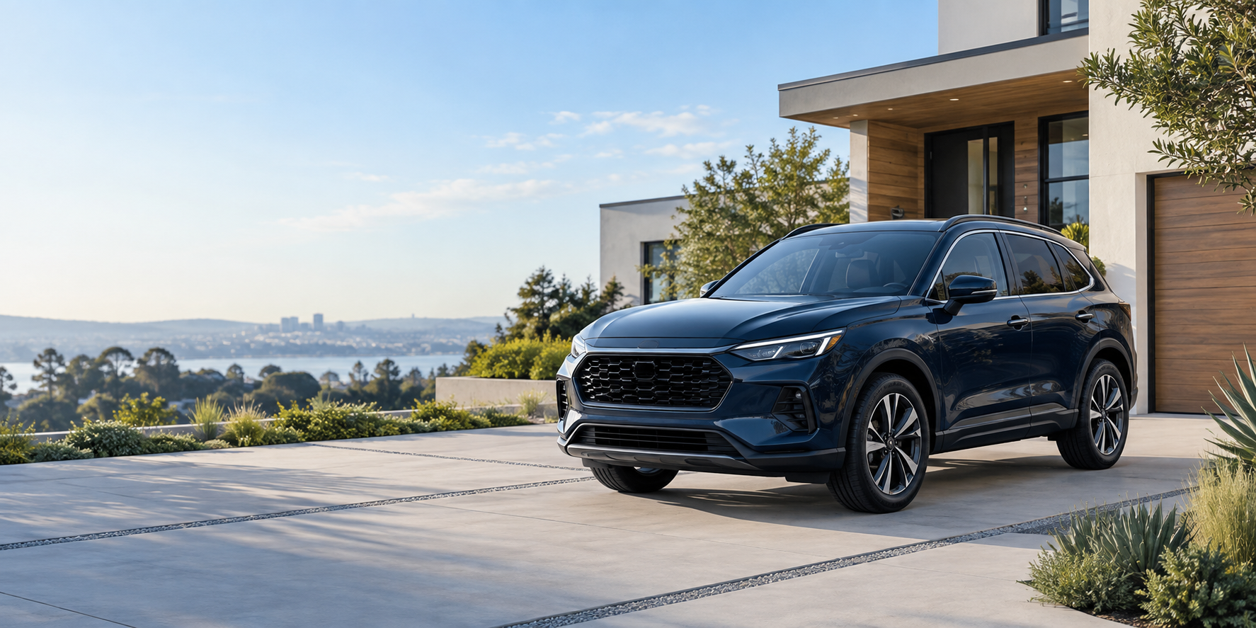A dark crossover parked outside a modern home